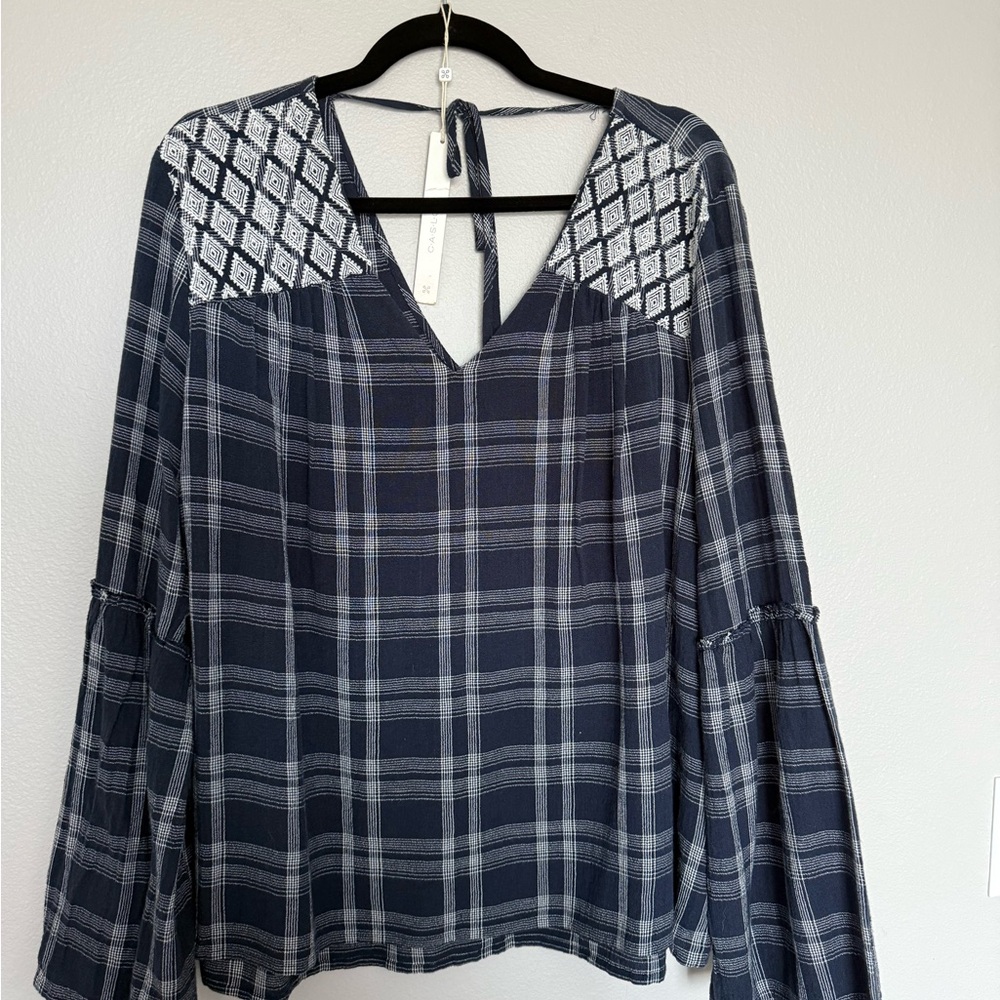 Caslon Navy Plaid V-Neck Embroidered Women's Top